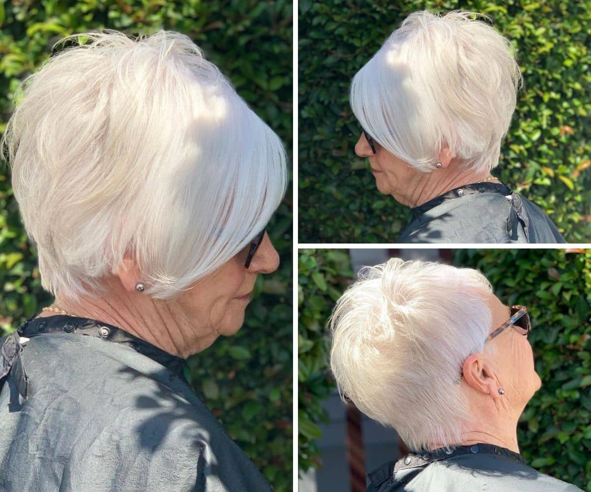 Estilo assimétrico clássico para mulheres com mais de 60 anos com cabelos brancos