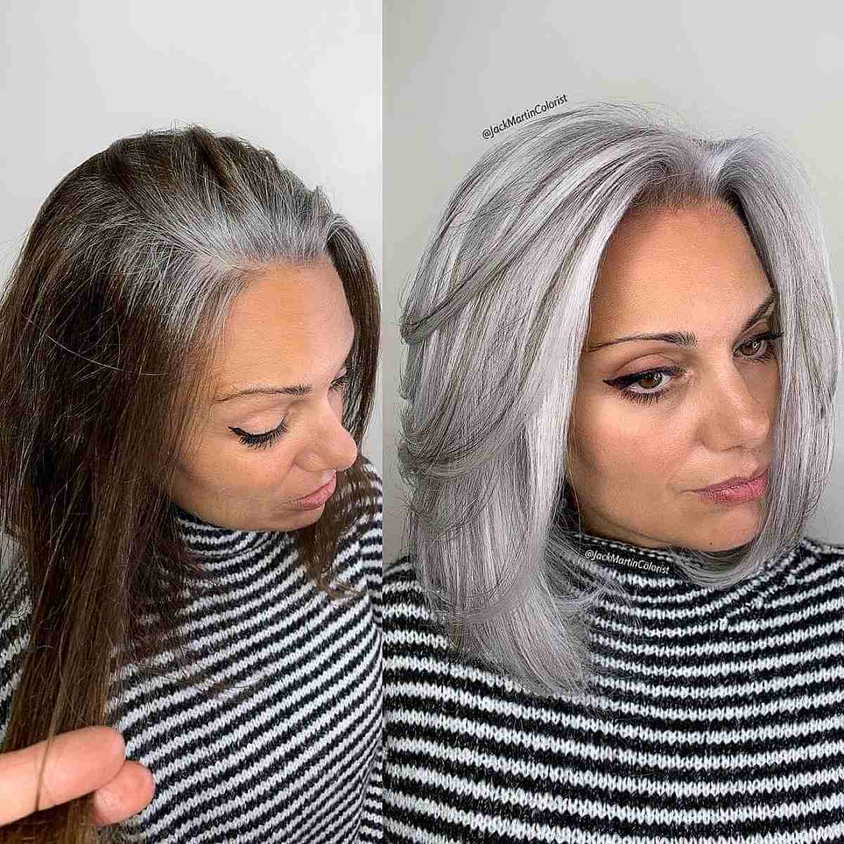 Testa do corte de cabelo em cabelos grisalhos para uma mulher de quarenta ano s-ano