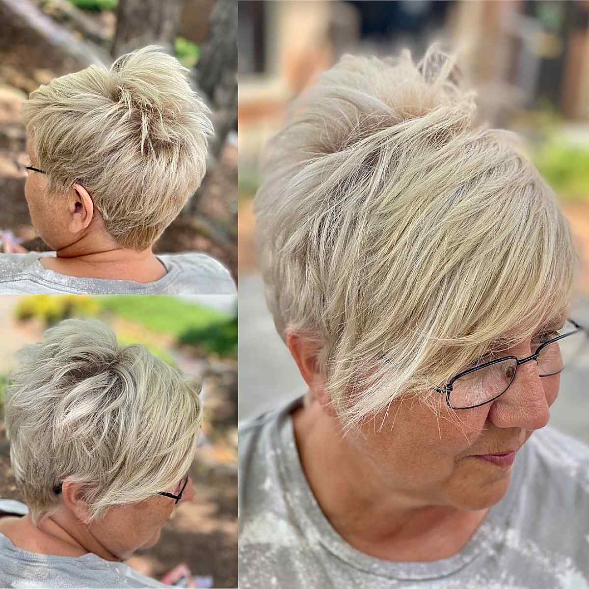 Uma mulher idosa com um corte de cabelo ultramoderno com um estrondo