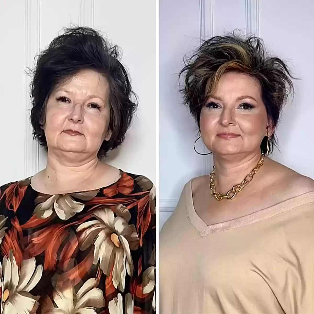 Cortes de cabelo multicamadas curtos e aleatórios para mulheres com 60 anos