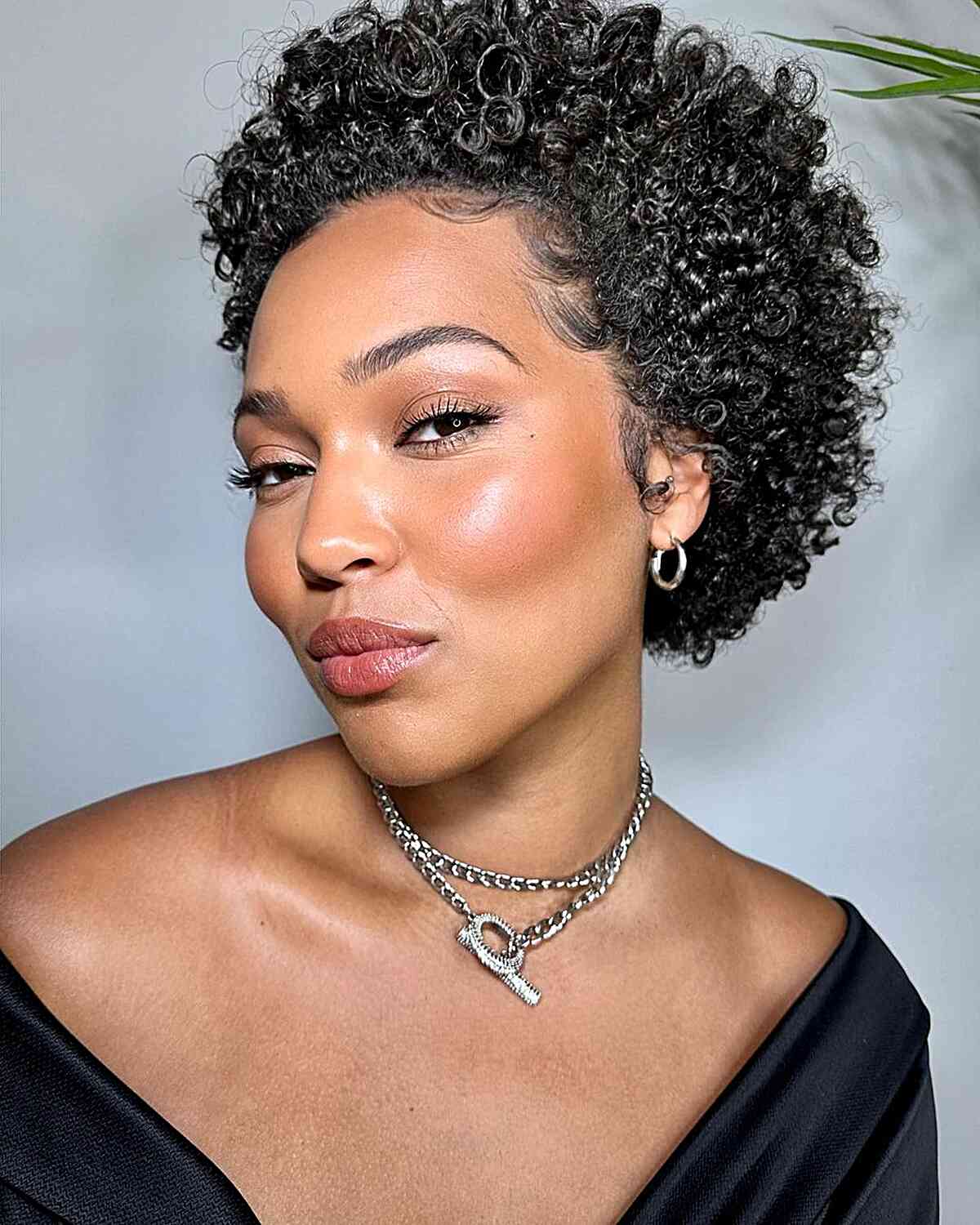 Curls curtos muito saudáveis ​​para mulheres negras com um rosto comprido e cabelos infantis