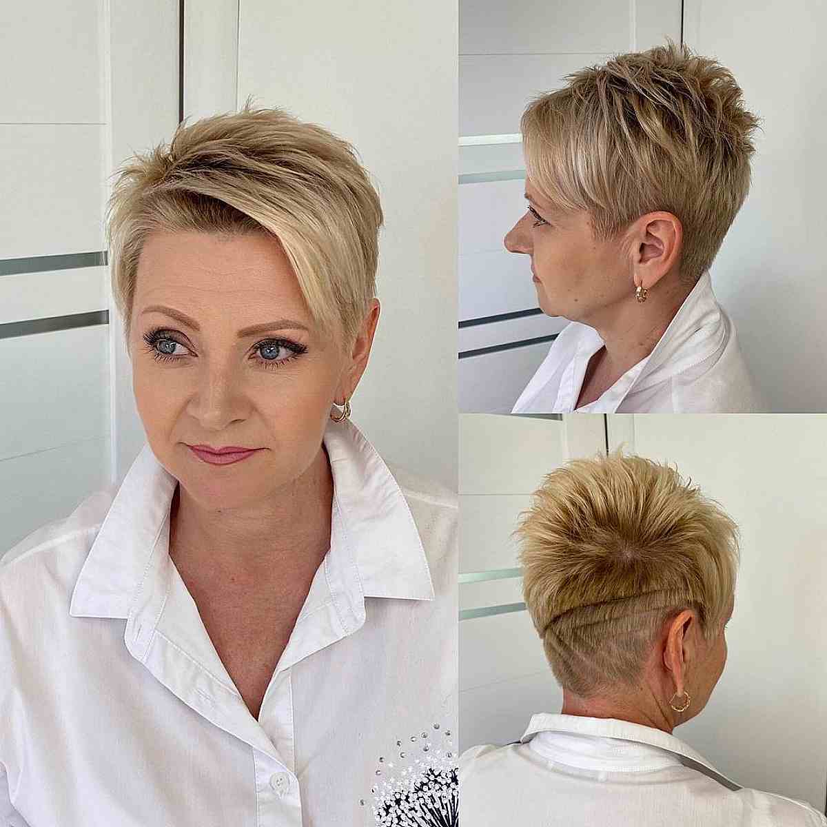 Corte de cabelo assimétrico muito curto com linhas raspadas para mulheres mais velhas